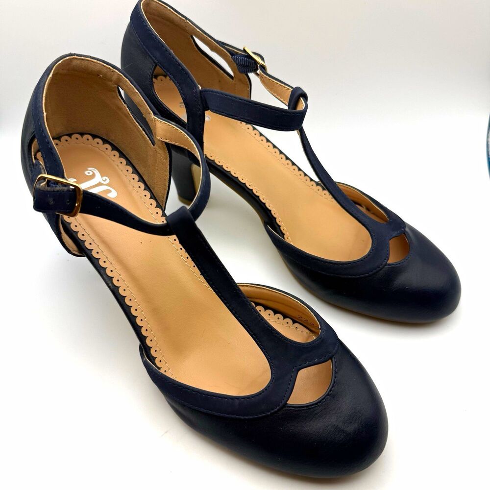 Journee Collection Olina Navy Blue T-Strap Pumps Vintage Retro Heels Size 7.5/8